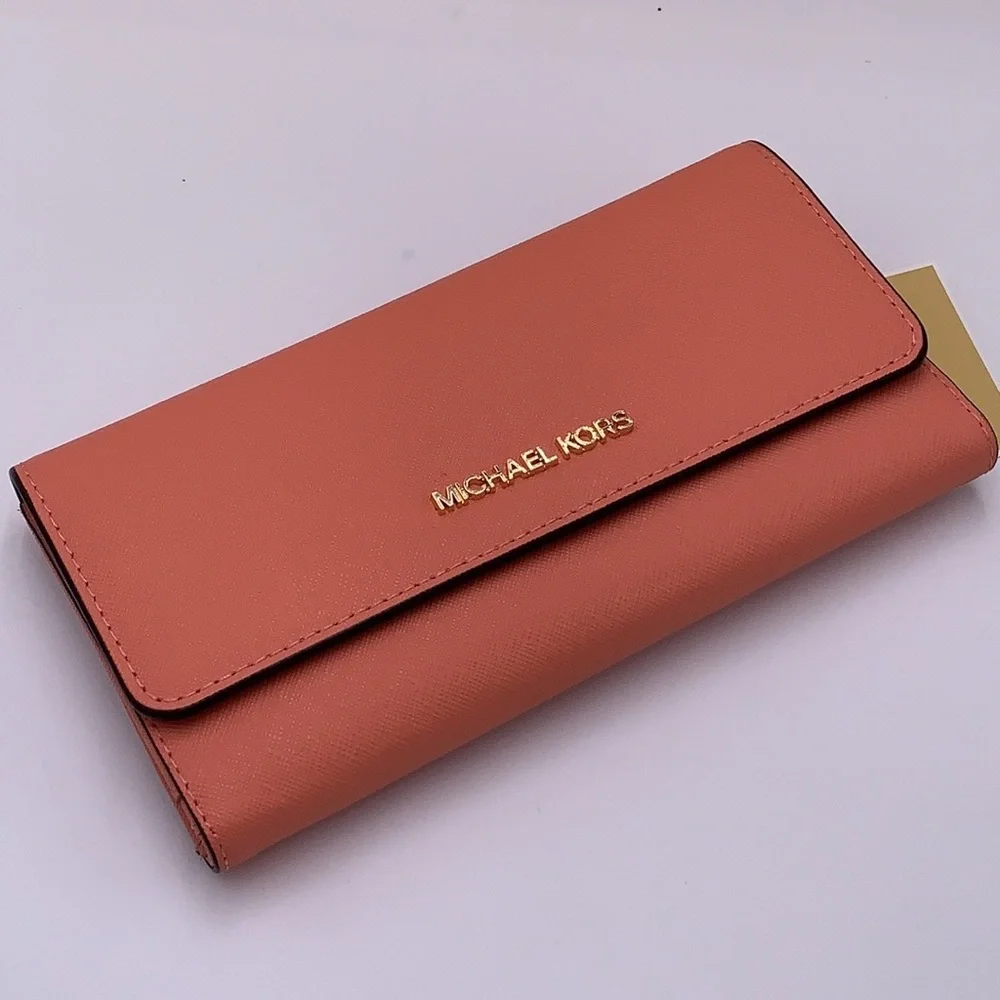 MICHAEL KORS JET SET TRAVEL LARGE TRIFOLD WALLET SHERBERT COLOR